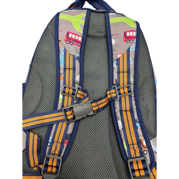 Pottery Barn Kids Backpack Airplane Bus Truck Print Gray Blue 13x14x6 Preschool - Picture 3 of 11
